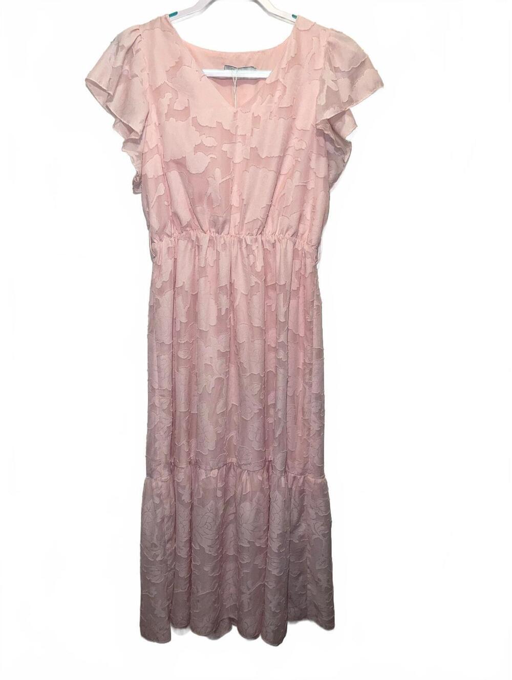 Lillusory Pink Floral Textured Midi Dress w/ Flutter Sleeves, Medium Cottagecore